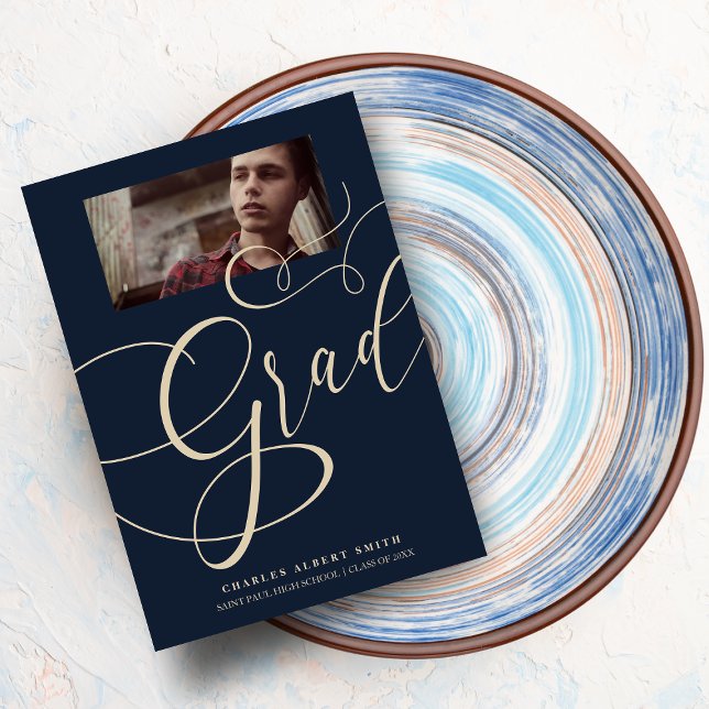 Gold & Navy Modern Typography Grad Photo Graduate Invitation (Creator Uploaded)