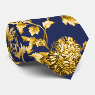 Gold Navy Modern Vintage Botanical Floral Toile Tie