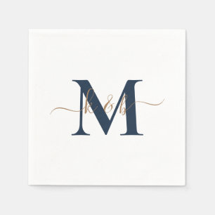 Gold & Navy Monogram Swash Script White Cocktail  Napkin