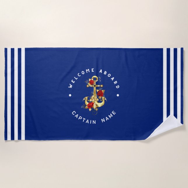 Gold Navy Nautical Anchor yacht club retro Rose Na Beach Towel (Front)