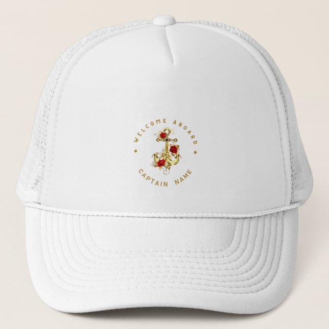 Gold Navy Nautical Anchor yacht club retro Rose Na Trucker Hat (Front)