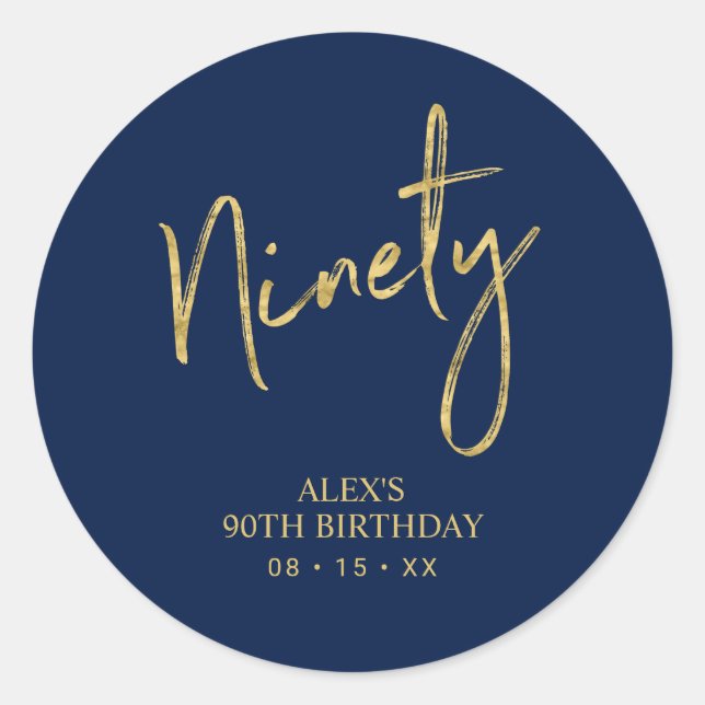Gold & Navy Ninety 90 Birthday Favour Thank you Classic Round Sticker (Front)