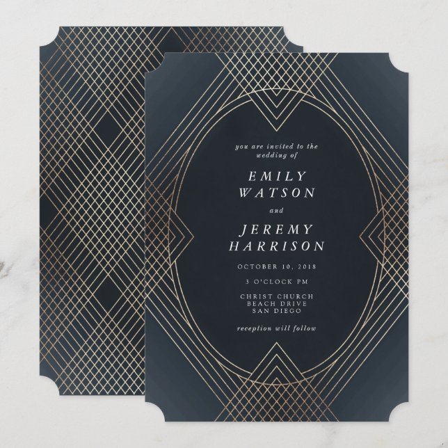 Gold Navy Oval Geometric Art Deco Gatsby Wedding Invitation (Front/Back)