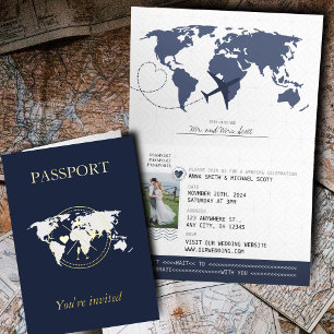 GOLD & Navy Passport Photo Wedding Invitation