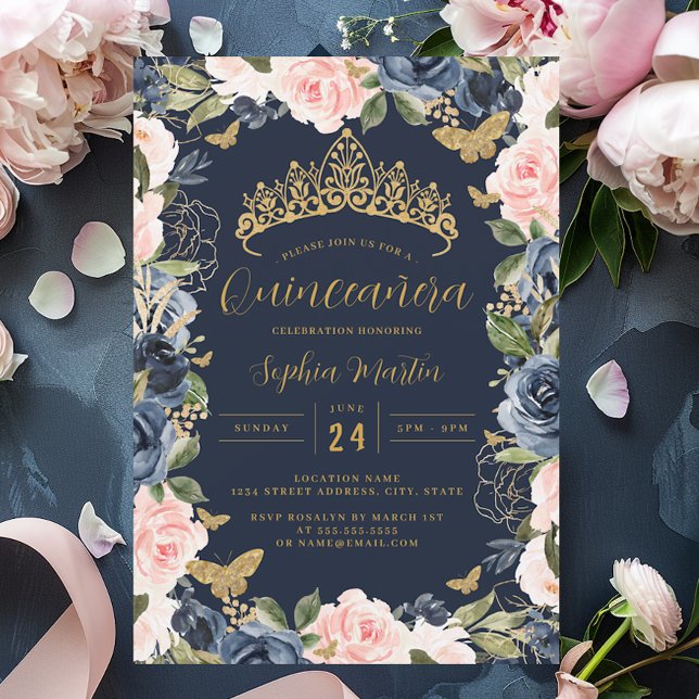 Gold Navy Pink Floral Tiara Butterfly Quinceanera  Invitation (Creator Uploaded)