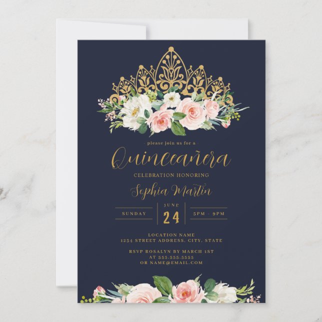 Gold Navy Pink Floral Tiara Quinceanera  Invitation (Front)