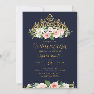 Gold Navy Pink Floral Tiara Quinceanera  Invitation