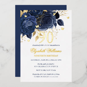 Gold Navy Rose Sparkling Butterfly 90th Birthday