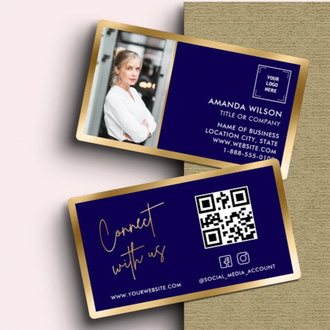 GOLD NAVY Social Media QR Code Photo and Logo Business Card (Creator Uploaded)