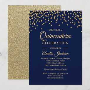 Gold Navy Sparkle Confetti Quinceanera Invite