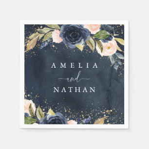 Gold Navy Sparkle Floral Watercolor Wedding Napkin