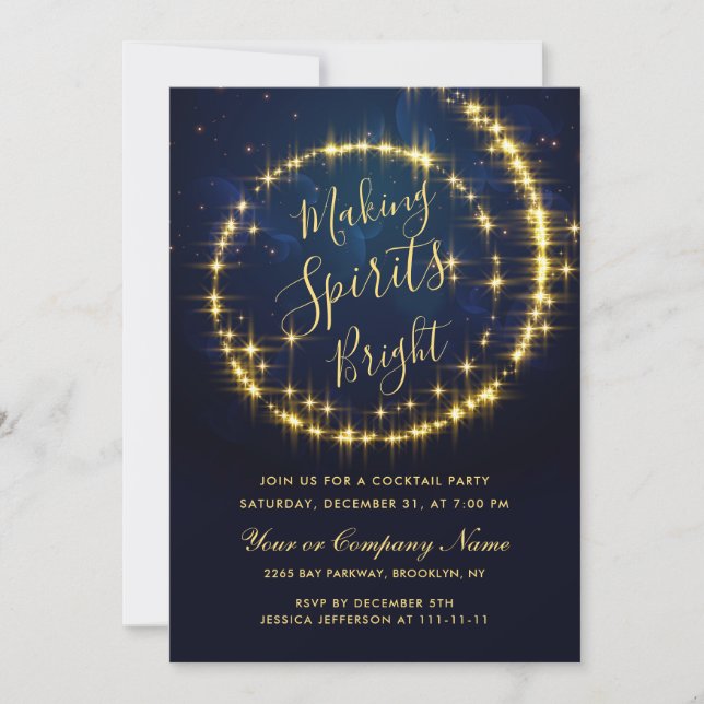 Gold Navy Sparkle Lights Christmas COCKTAIL Party Invitation (Front)
