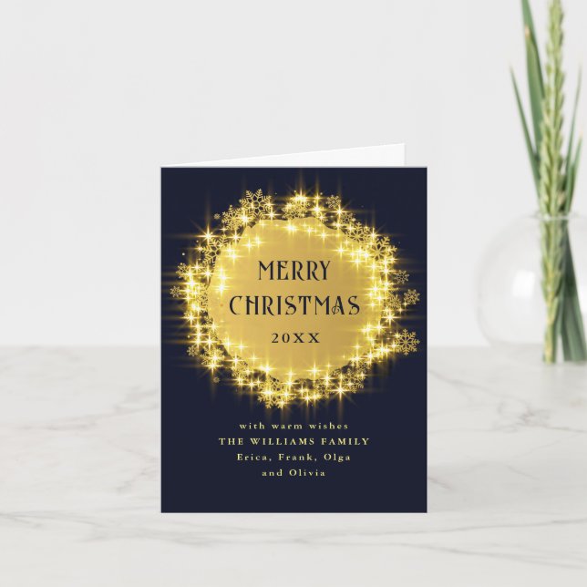 Gold Navy Sparkle Lights Christmas Holiday Card (Front)