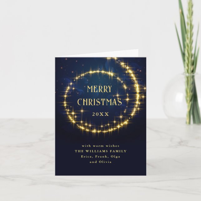 Gold Navy Sparkle Lights Christmas Holiday Card (Front)