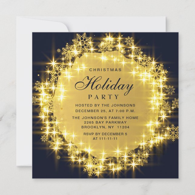 Gold Navy Sparkle Lights Christmas Holiday Party Invitation (Front)