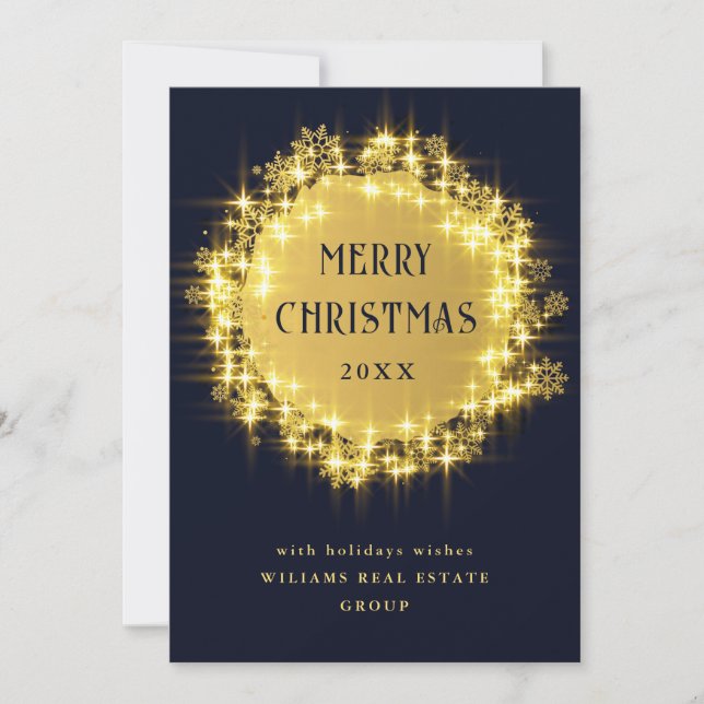 Gold Navy Sparkle Lights Corporate Christmas Holiday Card (Front)