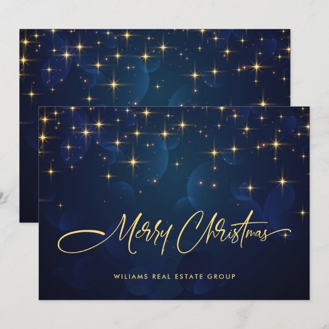 Gold Navy Sparkle Lights Corporate Christmas Holiday Card (Front/Back)