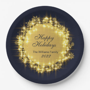 Gold Navy Sparkle Lights Holiday Christmas Party Paper Plate