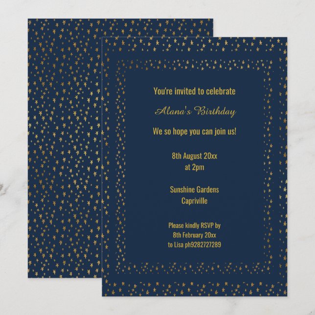 Gold Navy Star Pattern Modern Birthday Custom Invitation (Front/Back)