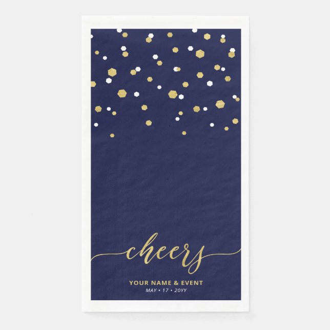Gold Navy Stylish Script Confetti Cheers Party Napkin (Front)