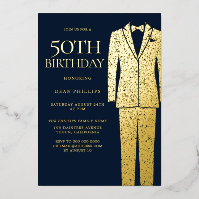 Gold & Navy Suit & Tie 50th Birthday Party  (Front)
