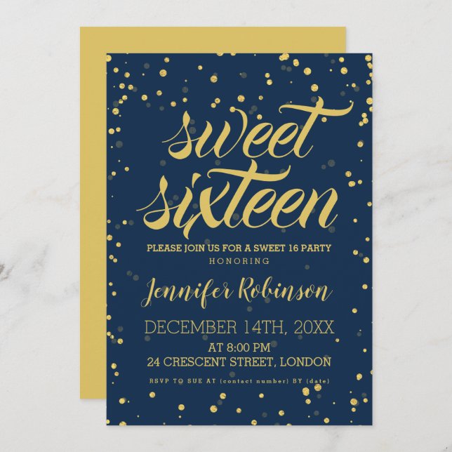Gold Navy Sweet 16 Glitter Sparkle Confetti Invitation (Front/Back)