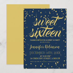 Gold Navy Sweet 16 Glitter Sparkle Confetti Invitation