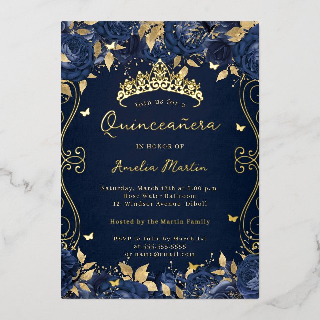 Gold Navy Swirl Scroll Floral Quinceanera  (Front)