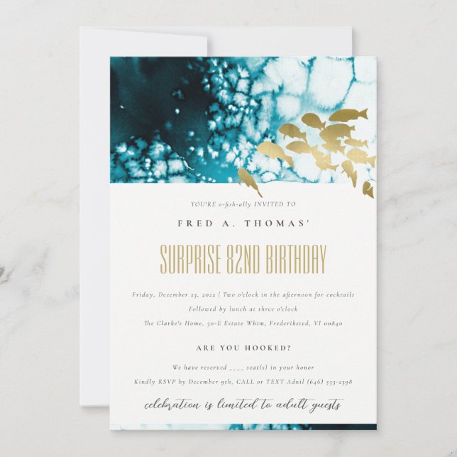 Gold Navy Underwater Fish Any Age Birthday Invite (Front)