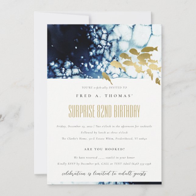Gold Navy Underwater Fish Any Age Birthday Invite (Front)
