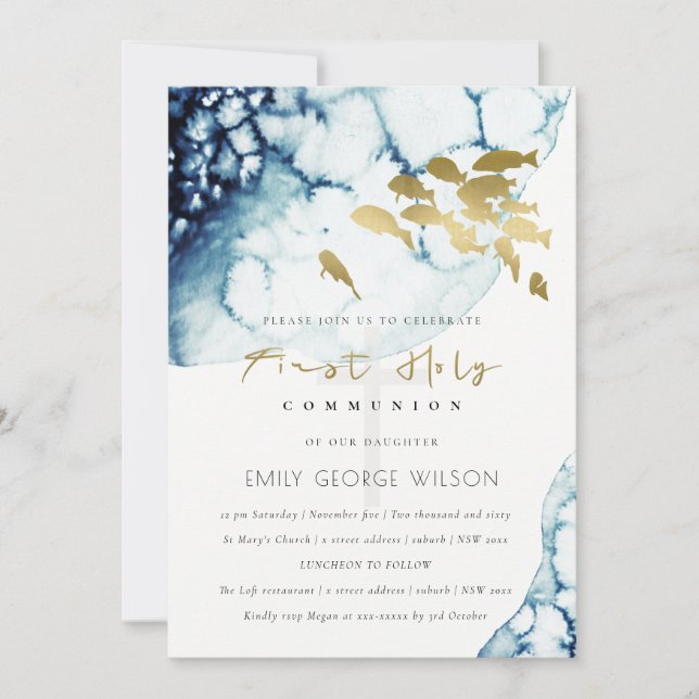 GOLD NAVY UNDERWATER FISH HOLY COMMUNION INVITE (Front)