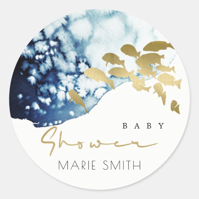 GOLD NAVY UNDERWATER SEA FISH BABY SHOWER CLASSIC ROUND STICKER (Front)