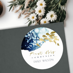 GOLD NAVY UNDERWATER SEA FISH FIRST HOLY COMMUNION CLASSIC ROUND STICKER