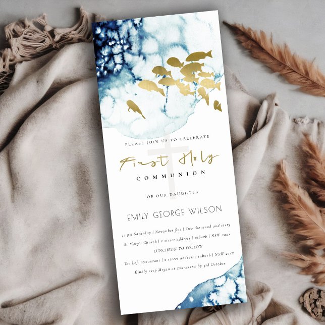 GOLD NAVY UNDERWATER SEA FISH FIRST HOLY COMMUNION INVITATION (Creator Uploaded)