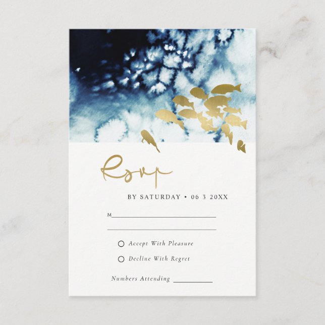 GOLD NAVY UNDERWATER SEA FISH WEDDING RSVP  ENCLOS ENCLOSURE CARD (Front)