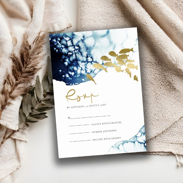 GOLD NAVY UNDERWATER SEA FISH WEDDING RSVP ENCLOSURE CARD (Creator Uploaded)