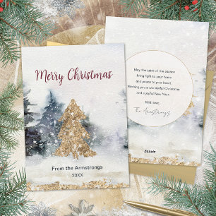 Gold Navy Watercolor Winter Trees Christmas Holiday Card