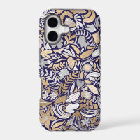 Gold Navy White Floral Leaf Illustration Pattern