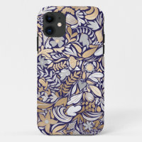 Gold Navy White Floral Leaf Illustration Pattern