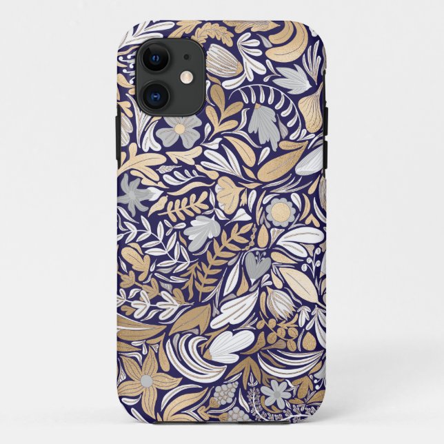 Gold Navy White Floral Leaf Illustration Pattern Case-Mate iPhone Case (Back)