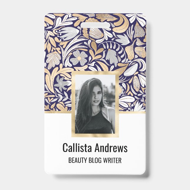 Gold Navy White Floral Leaf Illustration Pattern ID Badge (Front)