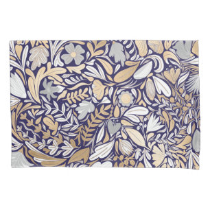 Gold Navy White Floral Leaf Illustration Pattern Pillowcase