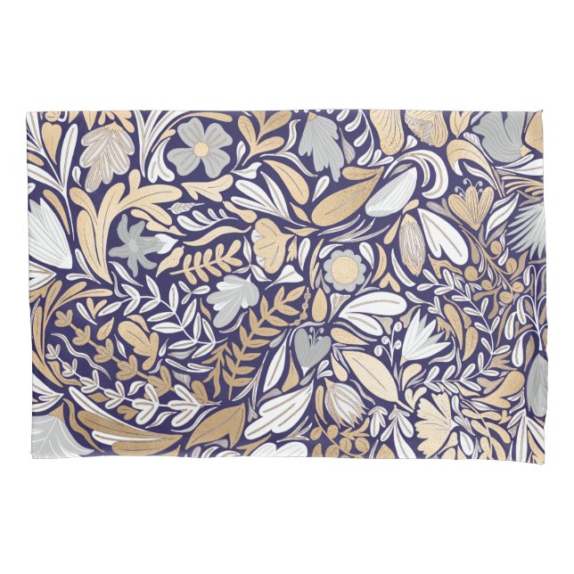 Gold Navy White Floral Leaf Illustration Pattern Pillowcase (Front)