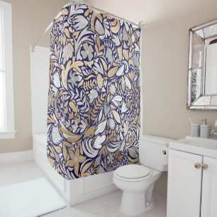 Gold Navy White Floral Leaf Illustration Pattern Shower Curtain