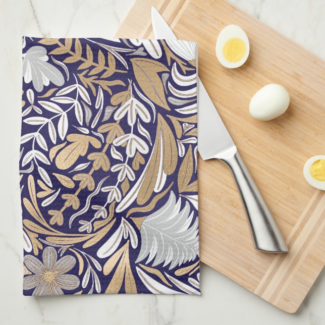 Gold Navy White Floral Leaf Illustration Pattern Tea Towel (Quarter Fold)