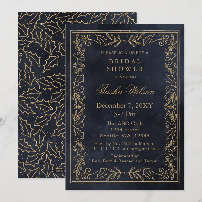 Gold Navy Winter Foliage Holiday Bridal Shower  Invitation (Front/Back)
