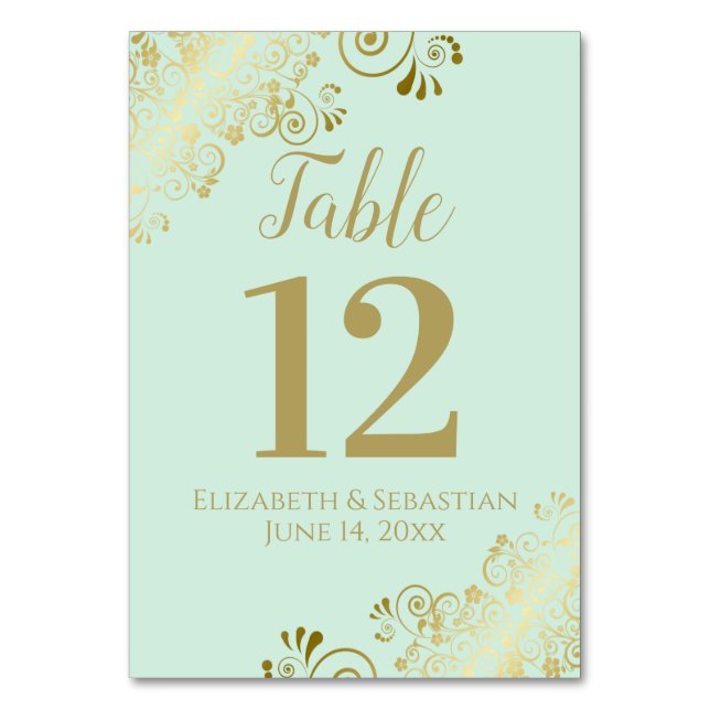 Gold & Neo Mint Green Elegant Frilly Wedding Table Number (Front)