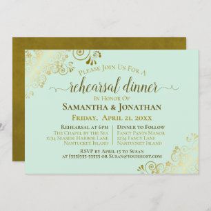 Gold & Neo Mint Green Wedding Rehearsal & Dinner Invitation