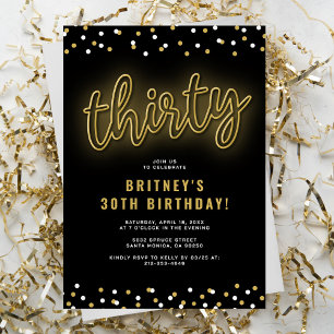 Gold Neon Thirty Birthday Invitation