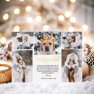 Gold New Year in review 5 photo collage grid Foil Holiday Card
